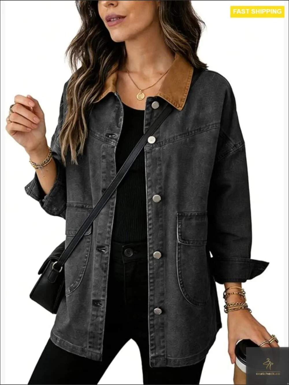 Oversized Denim Barn Jacket Contrast Collar Button Down Big Pockets Transitional